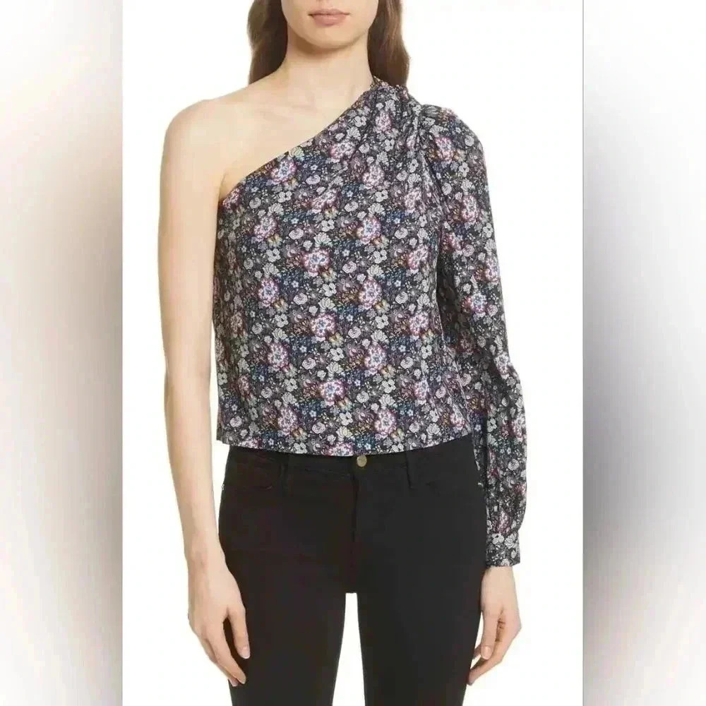 FRAME X-Small One Shoulder Blouse Top Floral Coastal Blue Multi Shirt Celeb